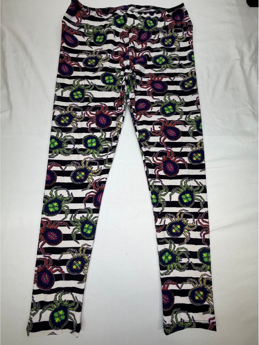 LulaRoe Women's Leggings Halloween Theme Striped Spider Size Medium White Black